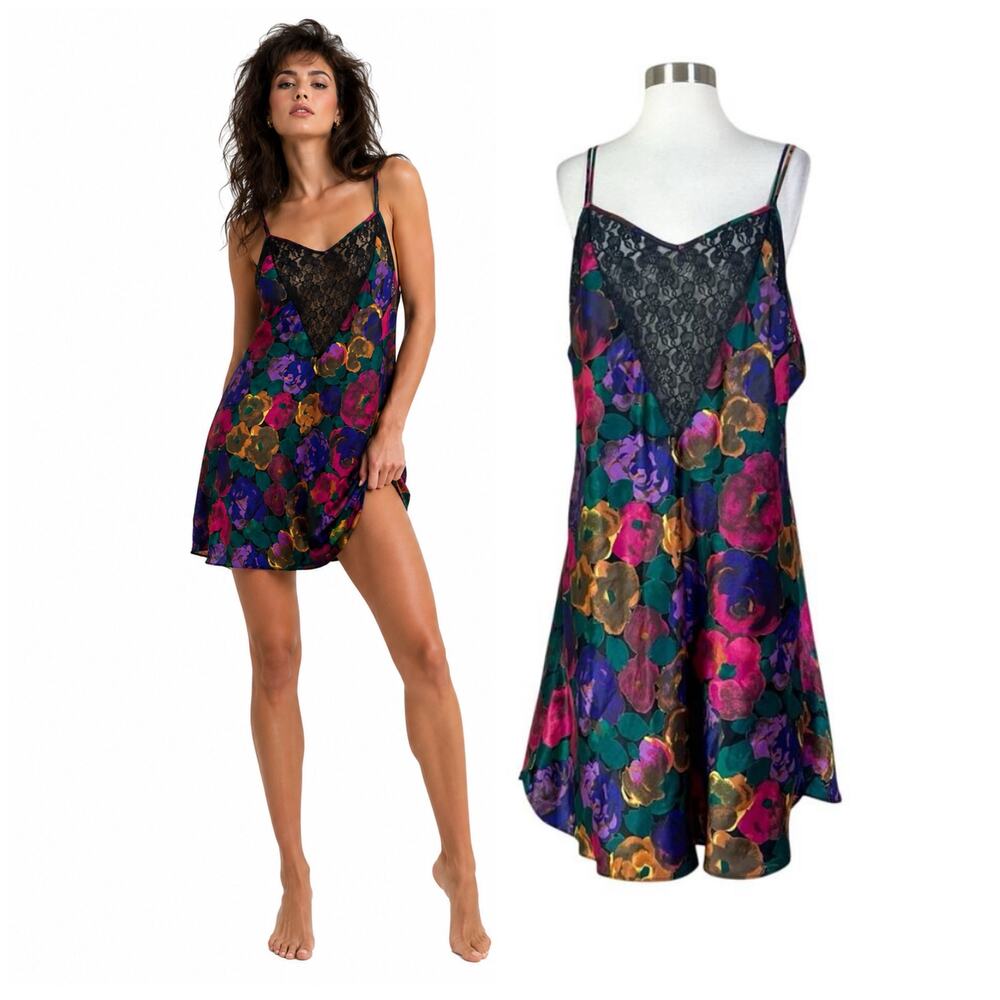 Vintage | 90s Intimate Pleasures Lace Black Colorful Floral Low Back Nightie XL